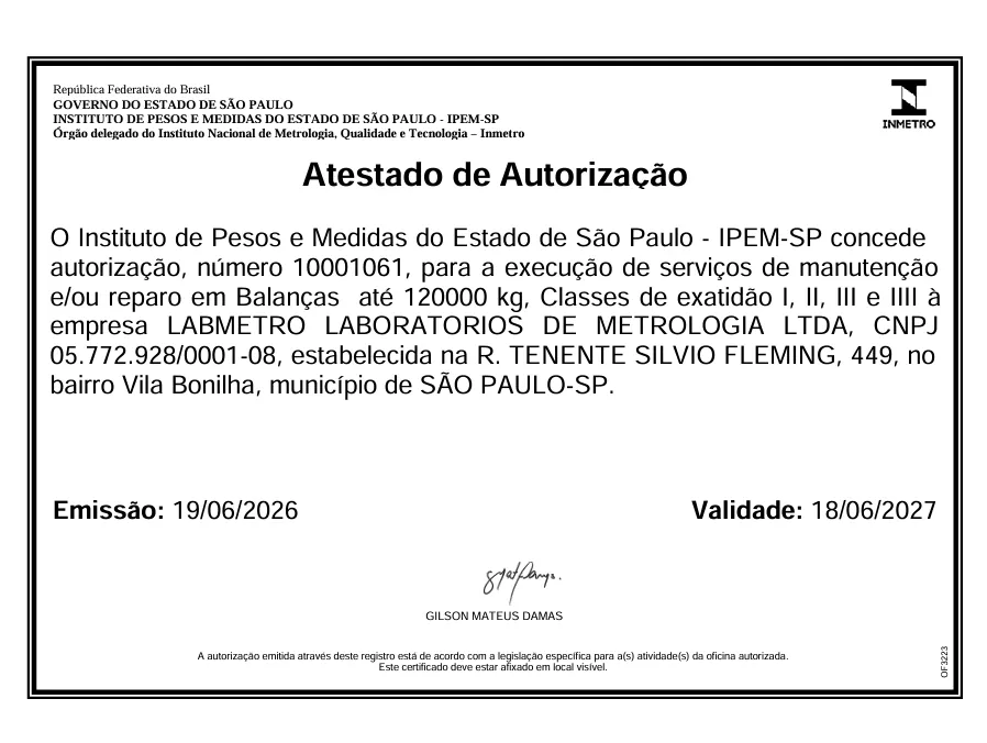 Atestado de Autorização IPEM-SP nº 10001061 da Labmetro — manutenção de balanças