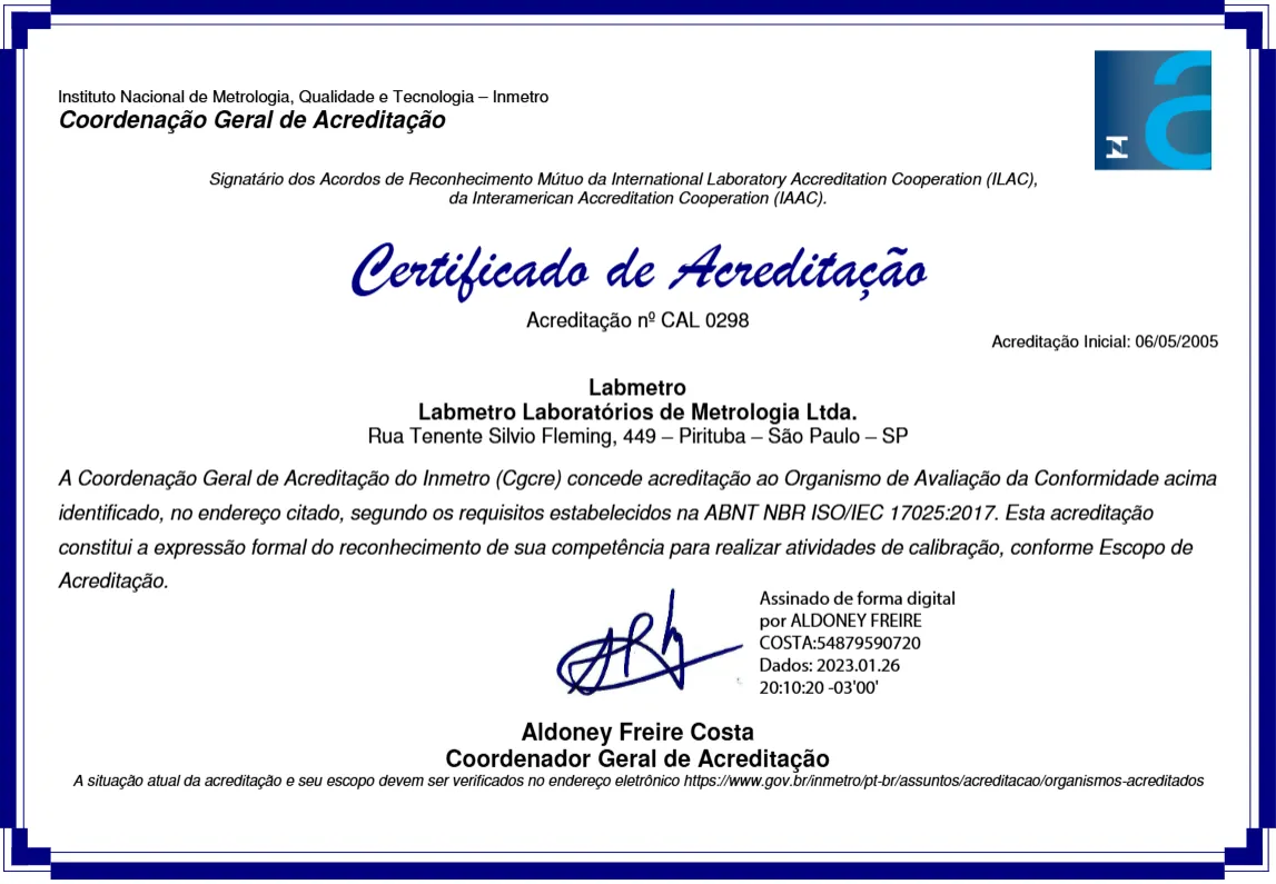 Certificado de Acreditação Cgcre/Inmetro CAL 0298 — ABNT NBR ISO/IEC 17025